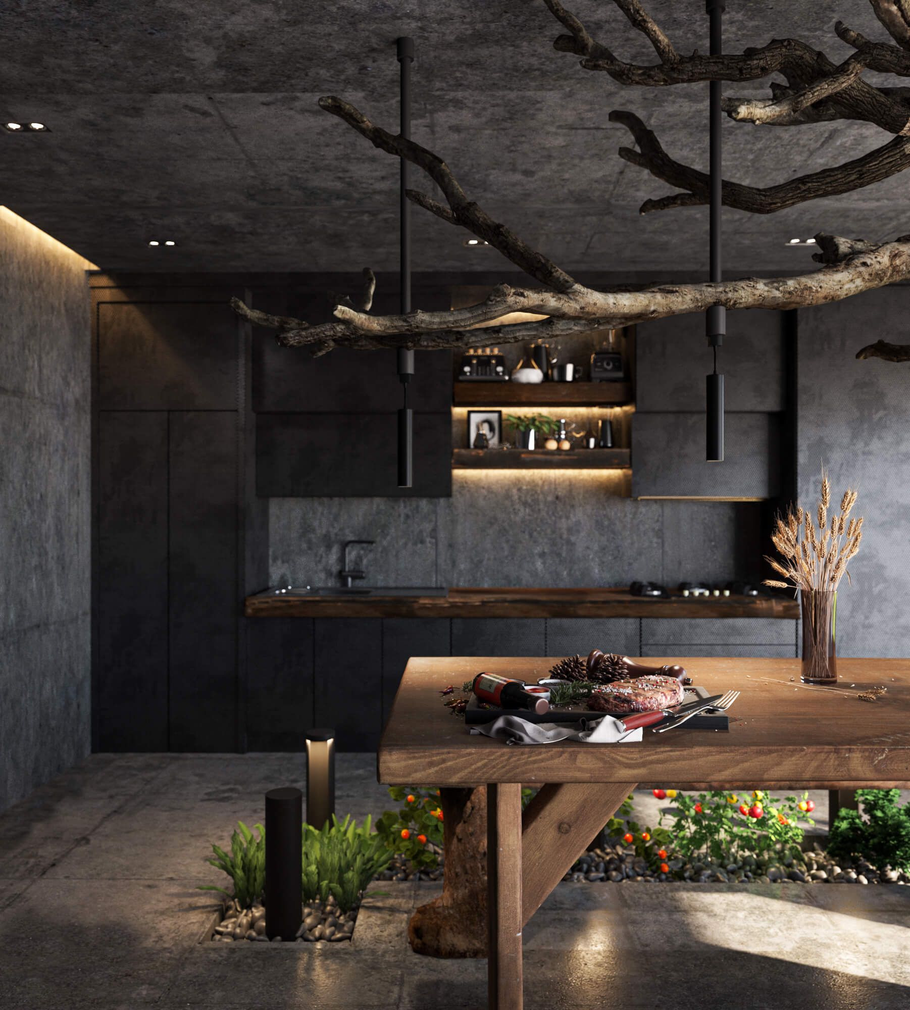 natural wooden bench in kitchen